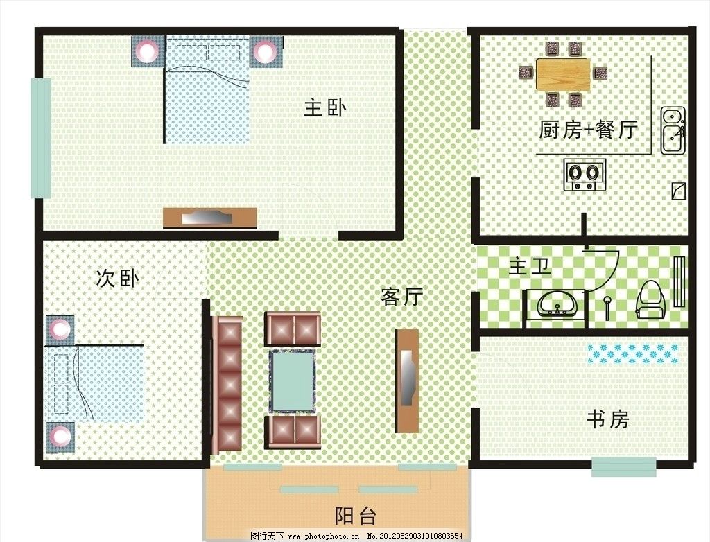 專業(yè)室內(nèi)平面設計 整合書房、沙發(fā)、電視機、床及其他元素打造理想空間